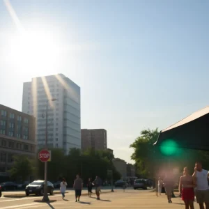 A sunny day in Memphis showcasing heat waves and people finding shade.