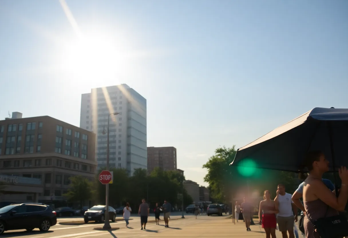 A sunny day in Memphis showcasing heat waves and people finding shade.
