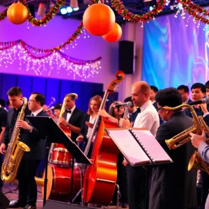 High school jazz band performing with enthusiasm on stage