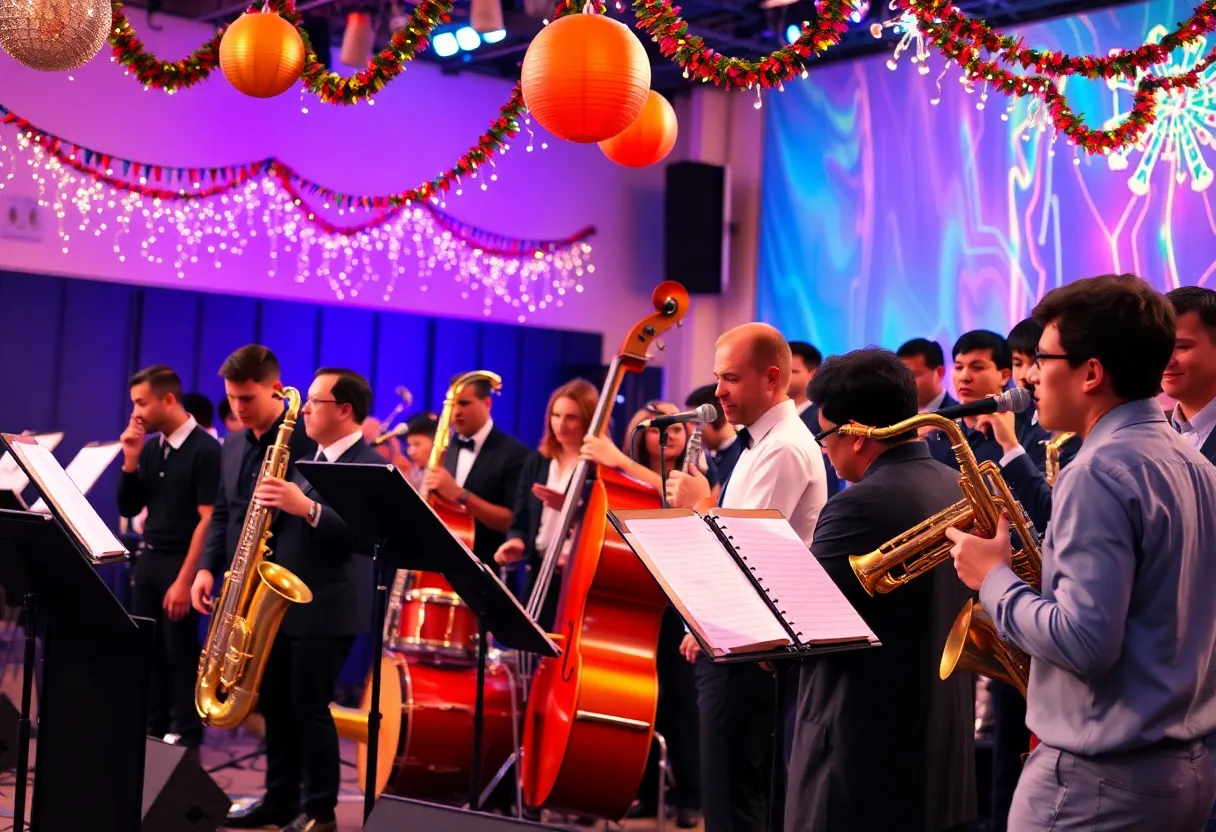 High school jazz band performing with enthusiasm on stage