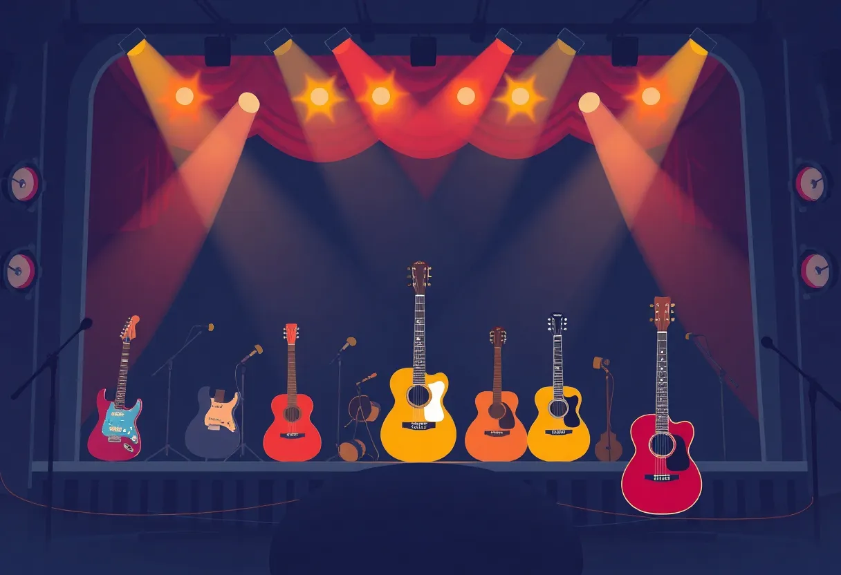 Stage showcasing diverse musical instruments for the Memphis Music Hall of Fame induction ceremony