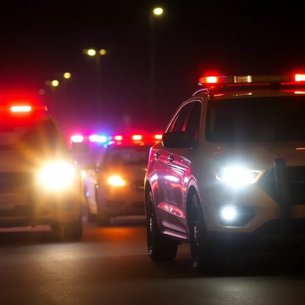 Police vehicles with flashing lights at the scene of a police chase in Memphis