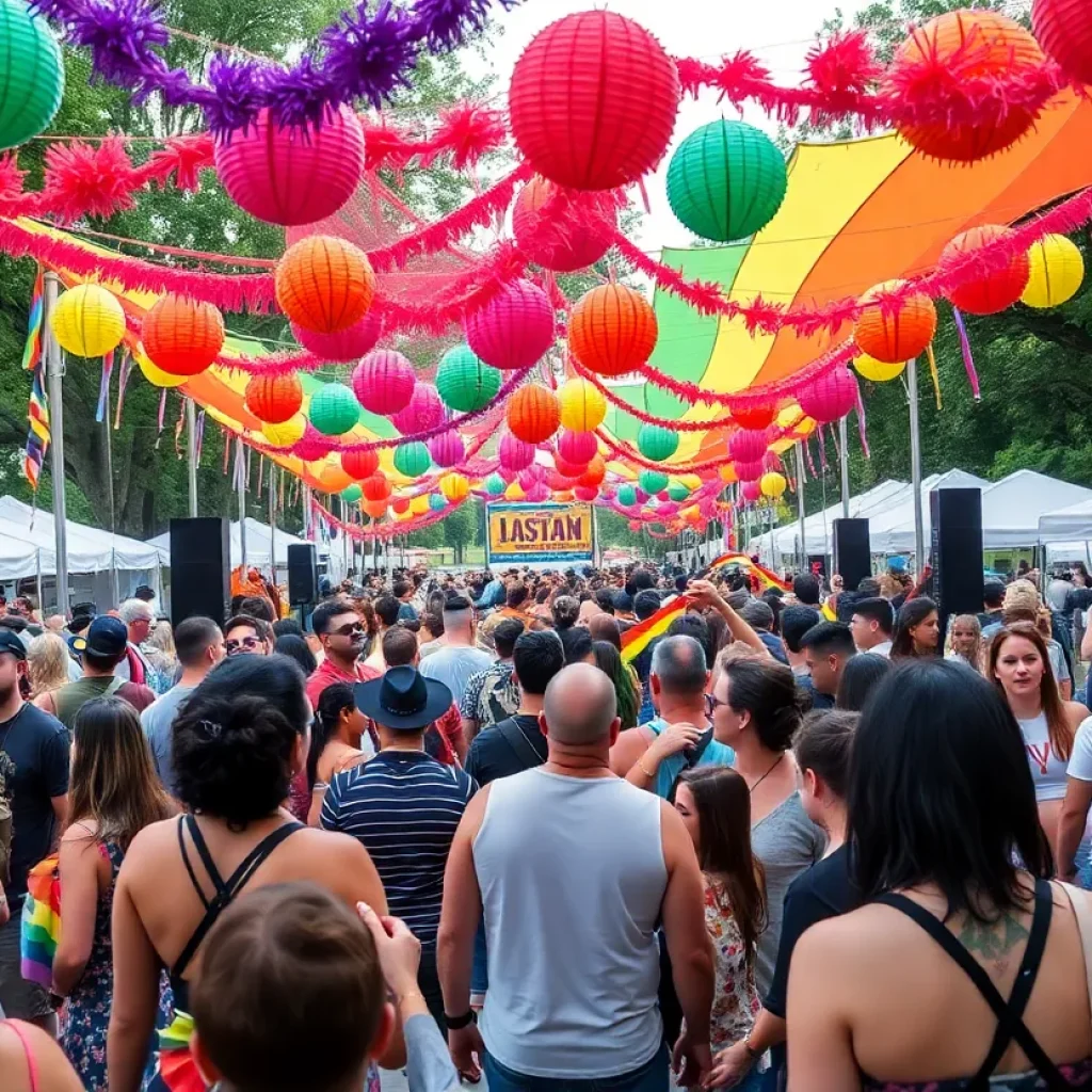 Crowd celebrating at Memphis Pride Fest with colorful banners and decorations