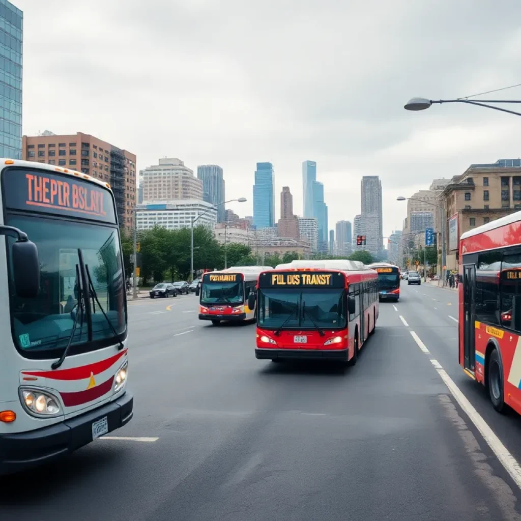 A city bus driving through Memphis streets amidst urban architecture.