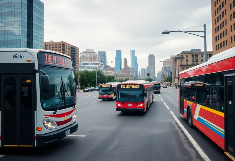 A city bus driving through Memphis streets amidst urban architecture.