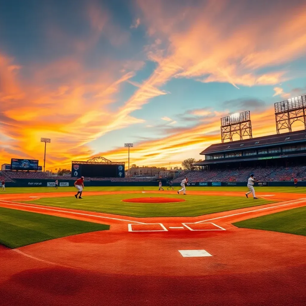 Players of Memphis Redbirds playing in a sunset baseball game.
