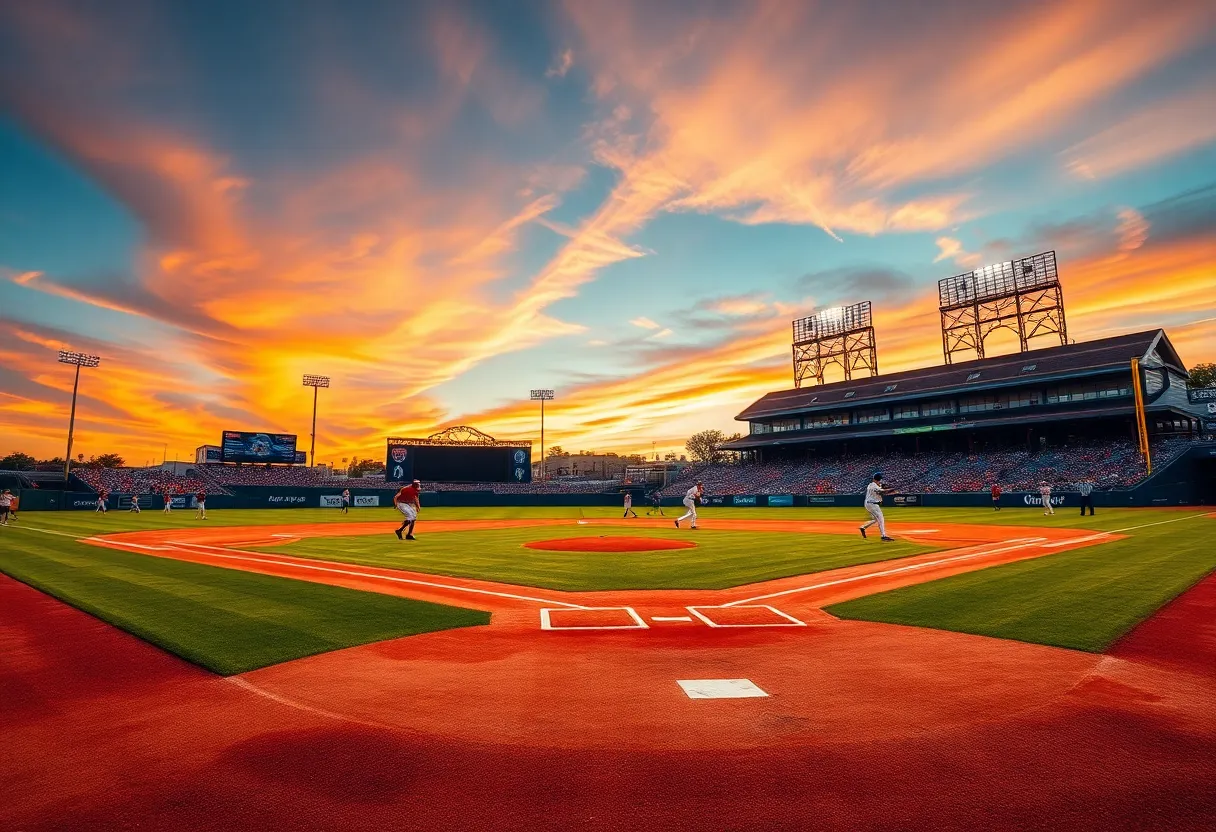 Players of Memphis Redbirds playing in a sunset baseball game.