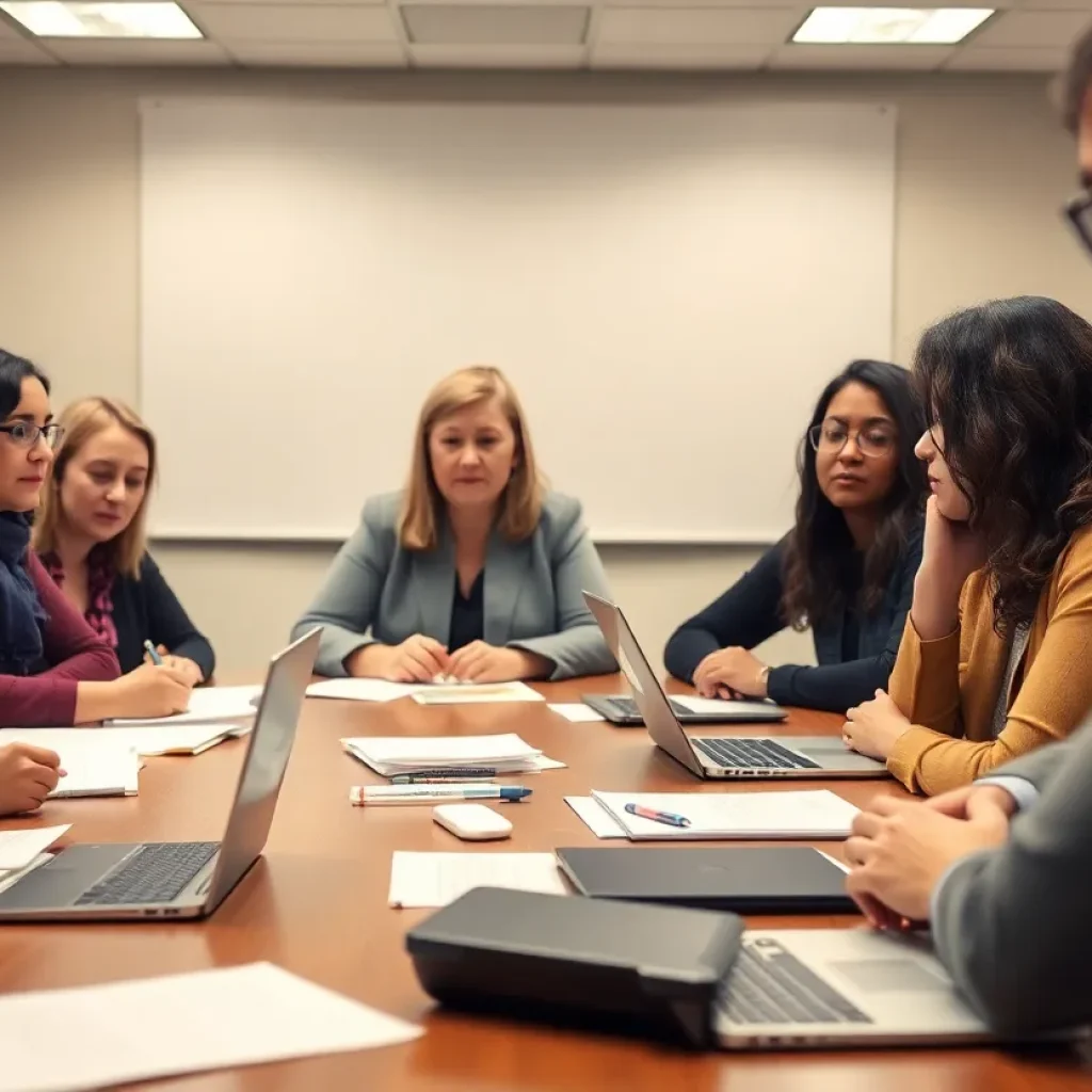 Educators in a meeting discussing financial transparency