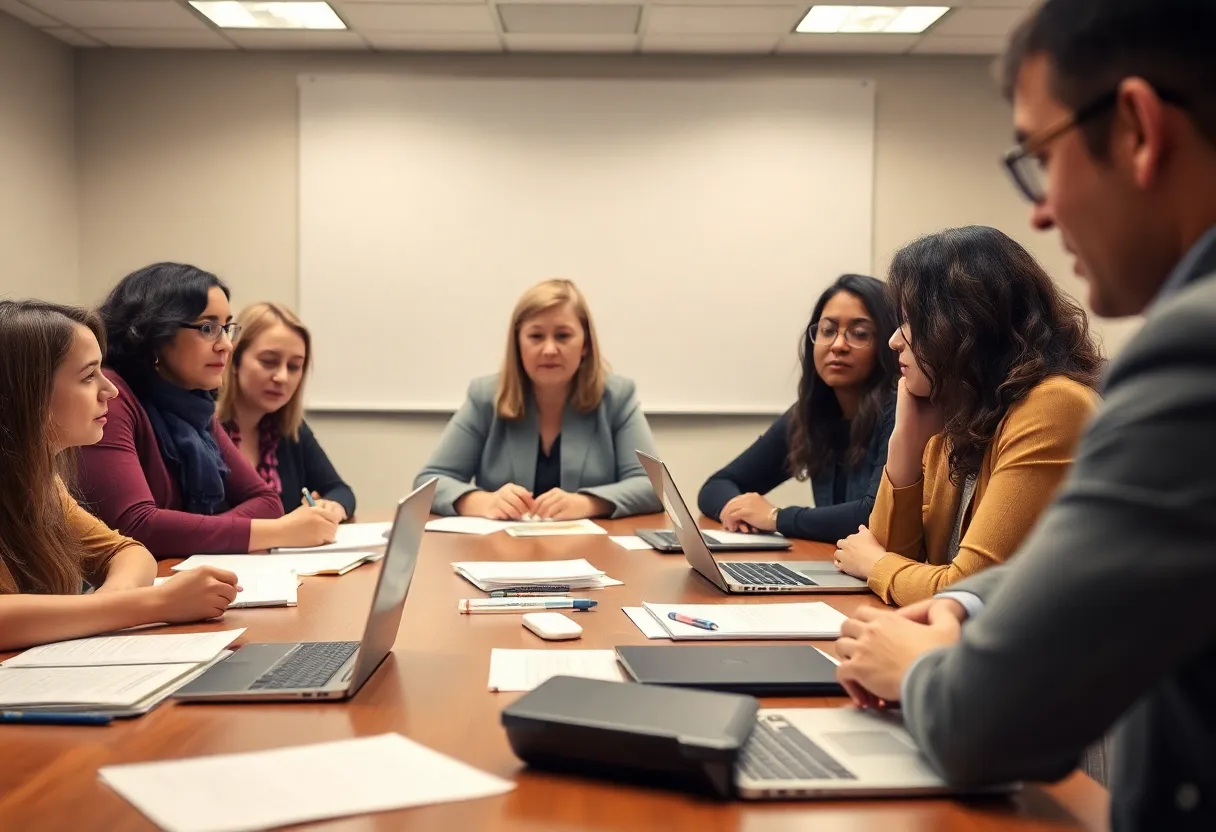 Educators in a meeting discussing financial transparency
