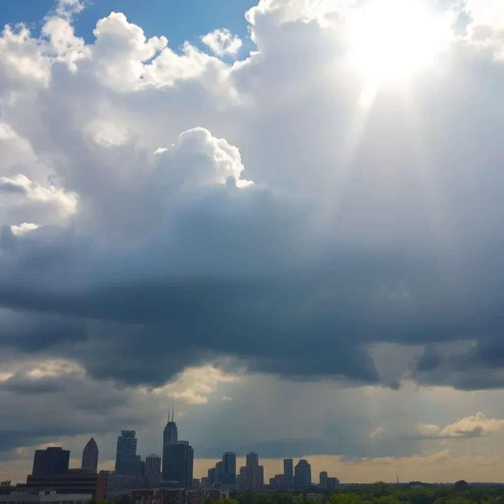 A skyline view of Memphis with clouds indicating upcoming rain.