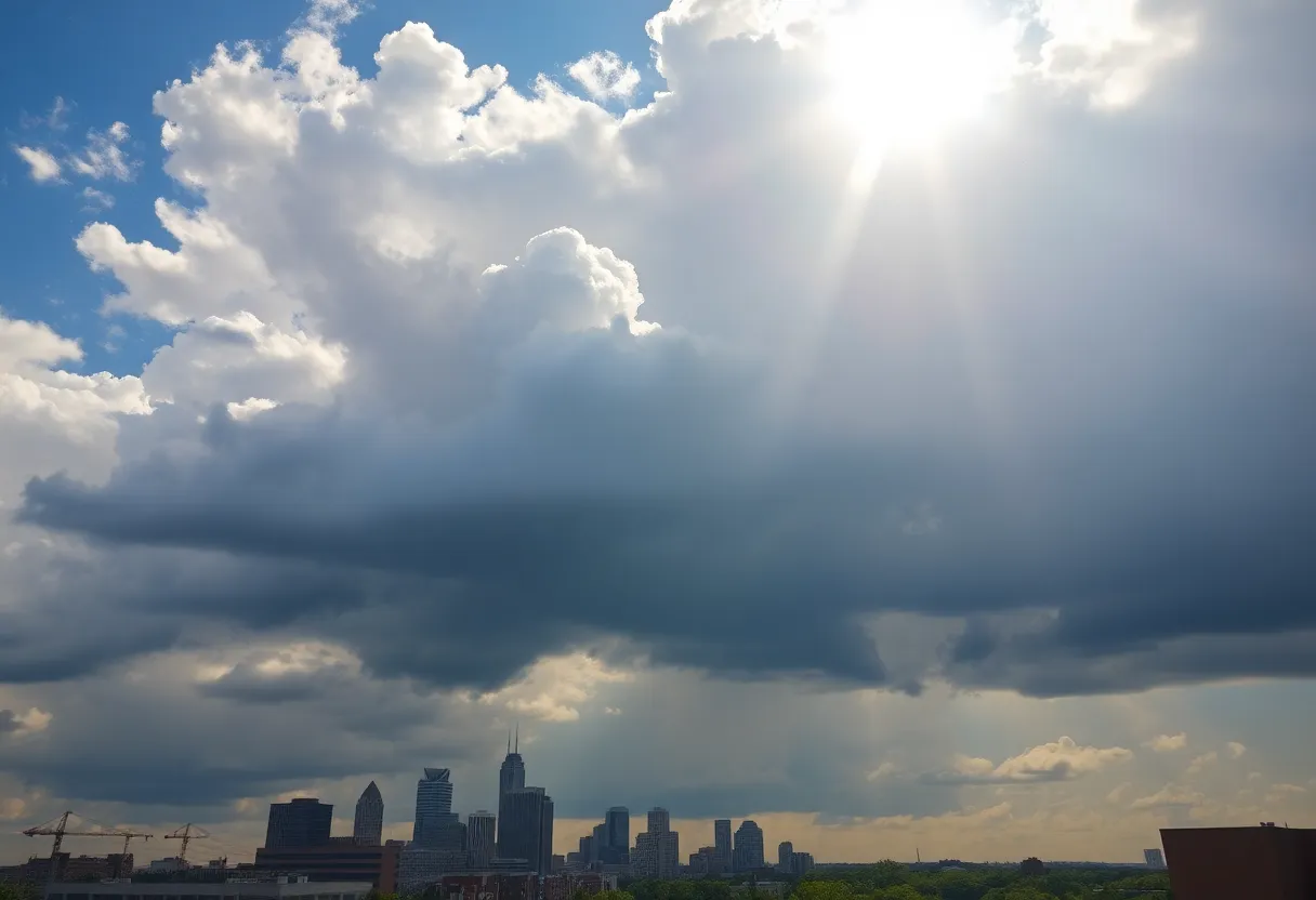 A skyline view of Memphis with clouds indicating upcoming rain.