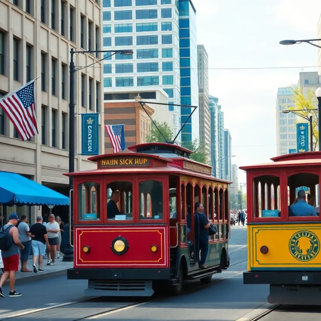 Rubber-wheeled trolleys operating on Main Street in Downtown Memphis.