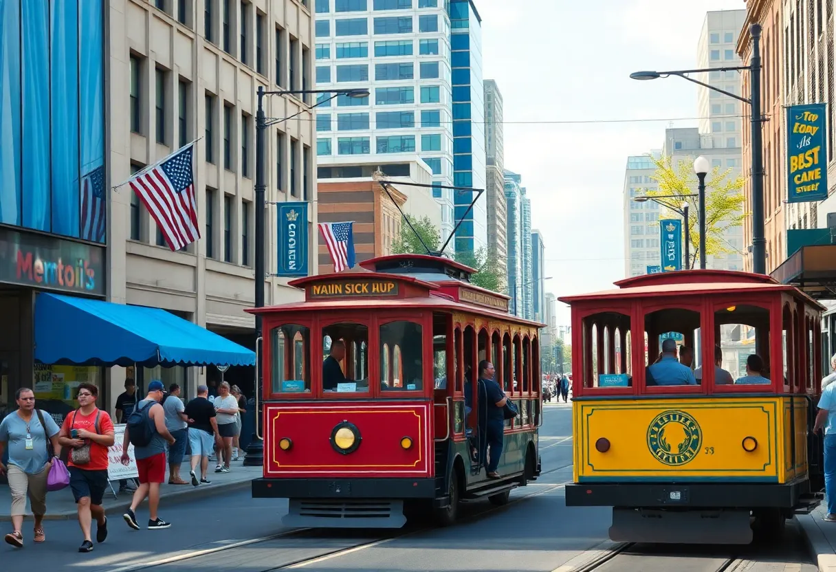 Rubber-wheeled trolleys operating on Main Street in Downtown Memphis.
