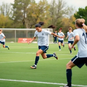 High school soccer players competing on the field