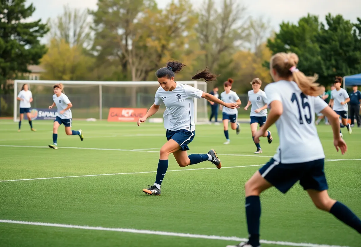 High school soccer players competing on the field