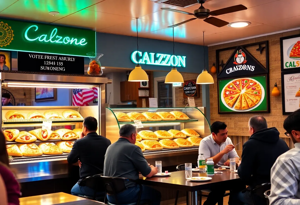 Interior of a new calzone restaurant with colorful dishes