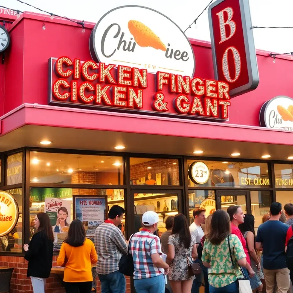 Exterior view of Raising Cane's restaurant in Southaven with a crowd during the grand opening.