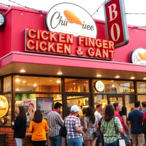 Exterior view of Raising Cane's restaurant in Southaven with a crowd during the grand opening.