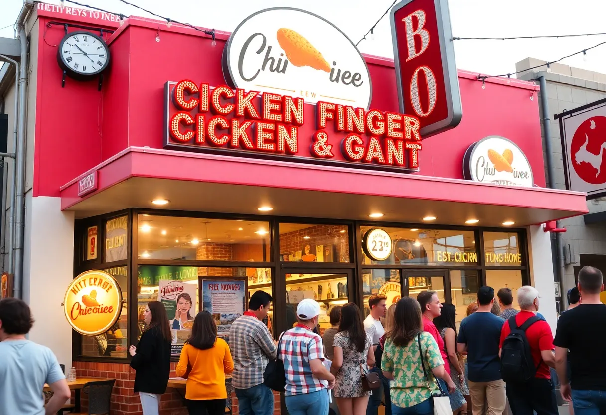 Exterior view of Raising Cane's restaurant in Southaven with a crowd during the grand opening.