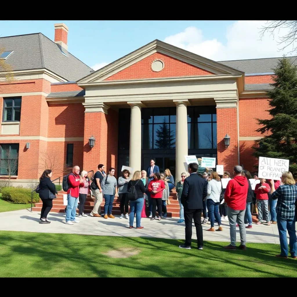 Small crowd gathered at a university event holding signs.