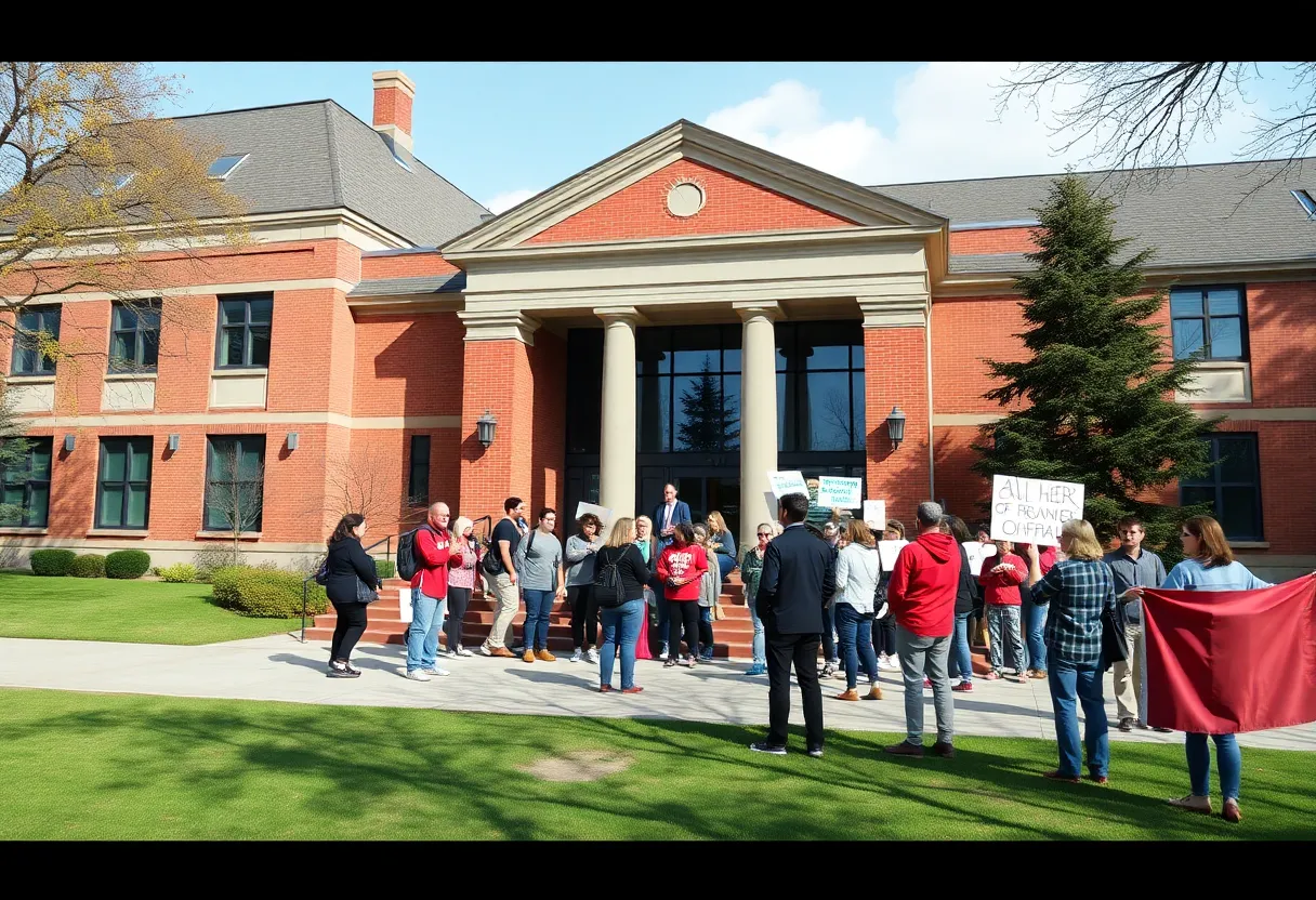 Small crowd gathered at a university event holding signs.