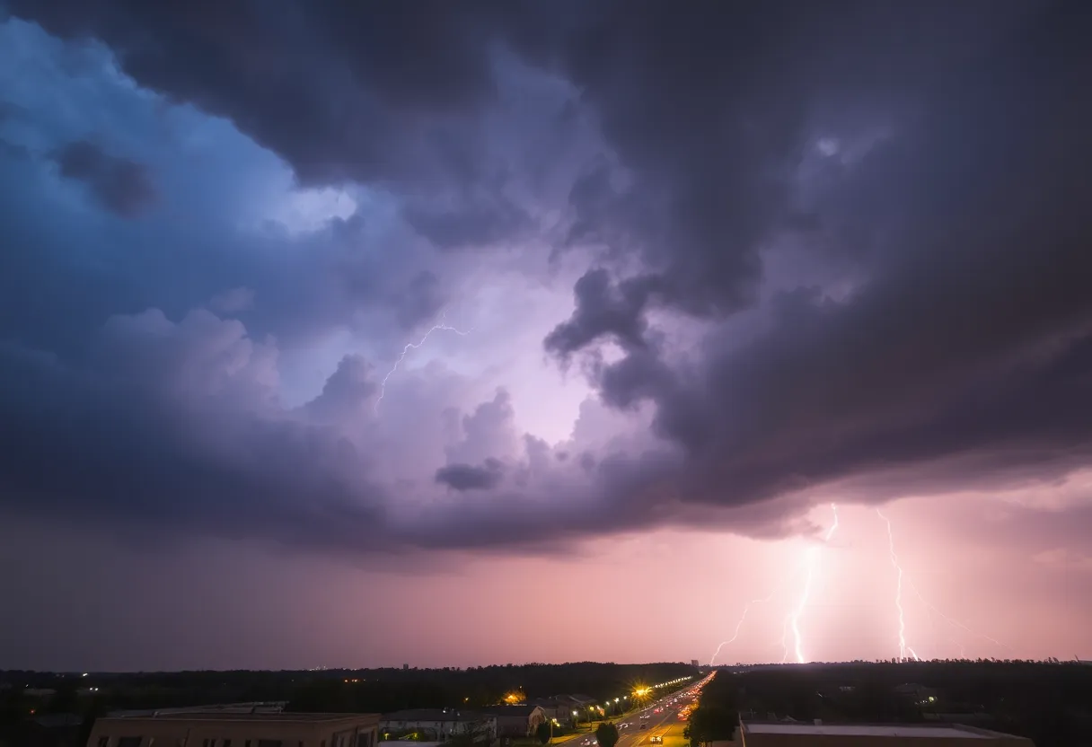 Dramatic storm clouds and lightning over Memphis streets