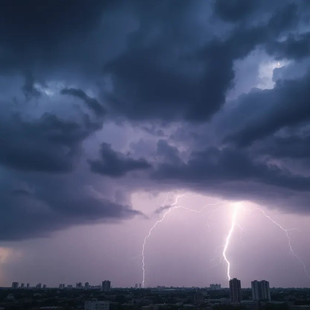 Dark storm clouds with lightning over West Memphis cityscape