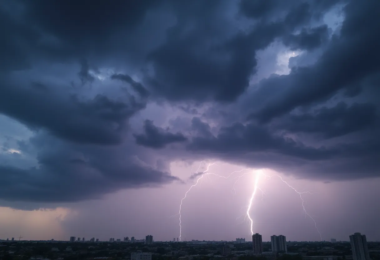 Dark storm clouds with lightning over West Memphis cityscape
