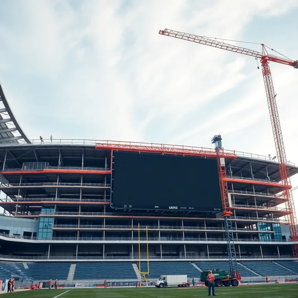 Renovations at Simmons Bank Liberty Stadium with cranes and construction workers