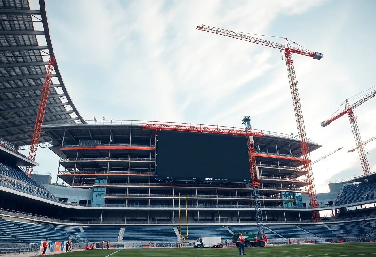 Renovations at Simmons Bank Liberty Stadium with cranes and construction workers