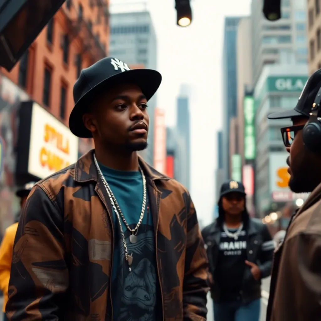 Urban film set representing hip-hop culture and history