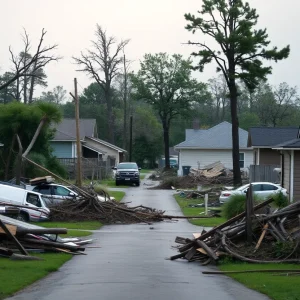 Severe storm damage with debris and destroyed homes