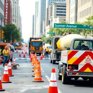 Construction on Summer Avenue with workers and machinery