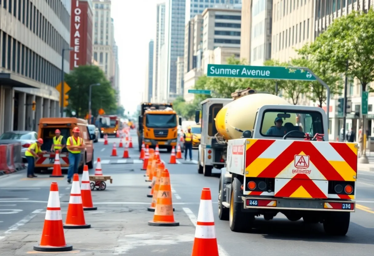 Construction on Summer Avenue with workers and machinery