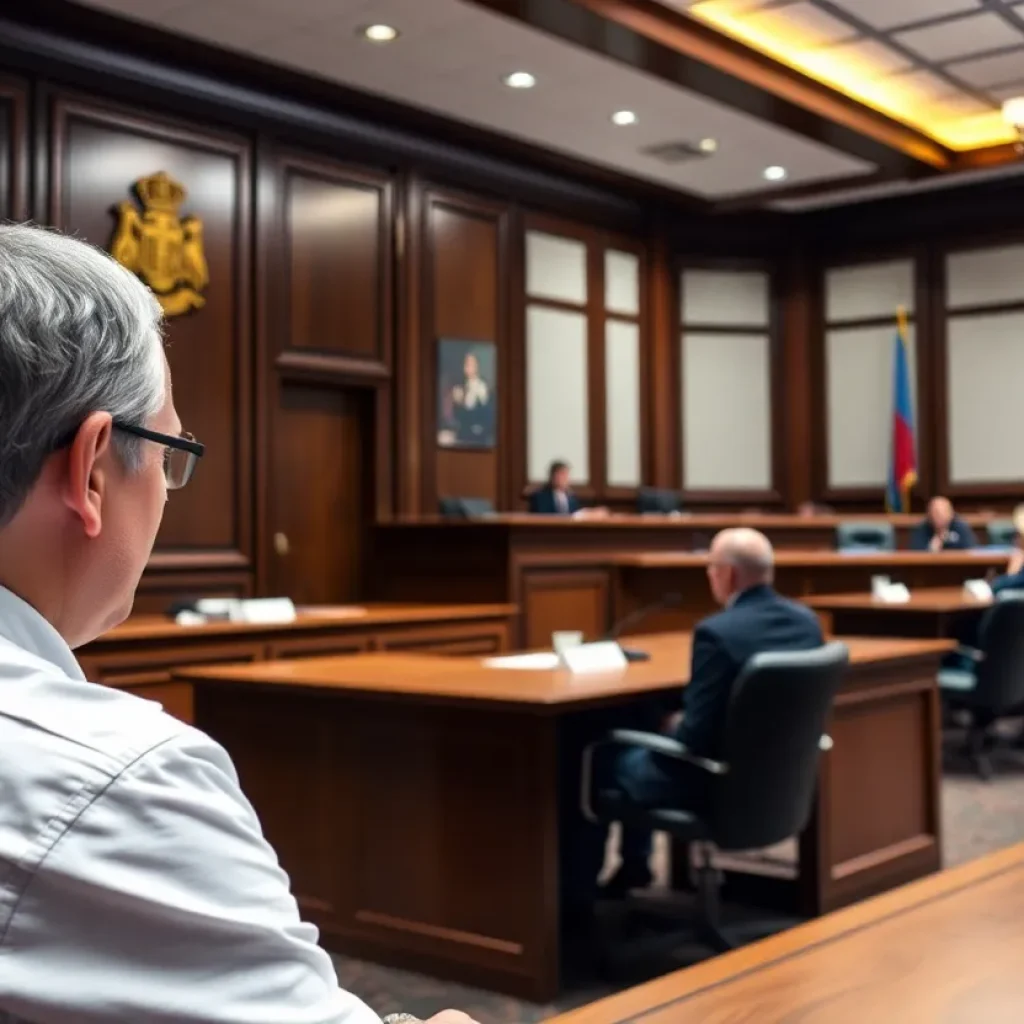 A courtroom setting depicting legal discussions and justice.
