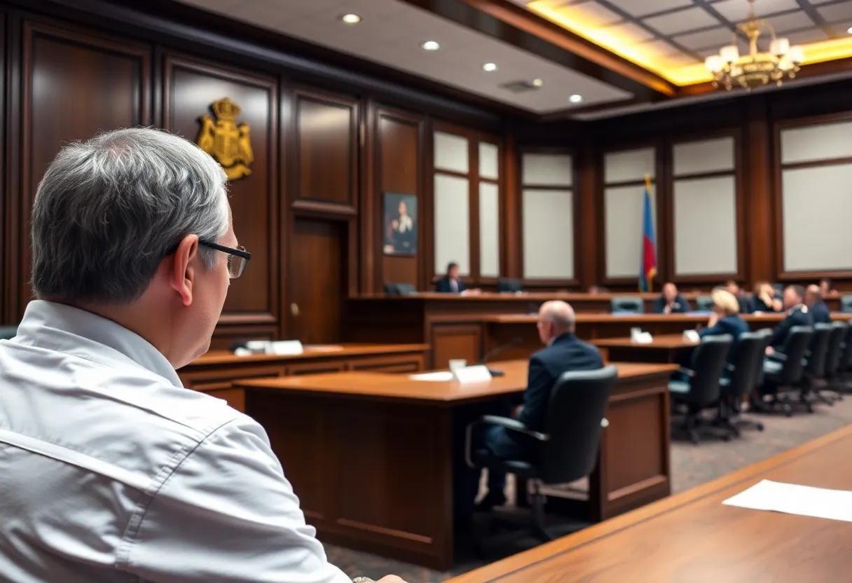 A courtroom setting depicting legal discussions and justice.