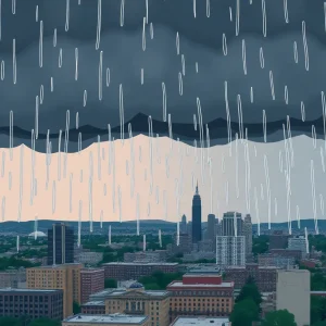 Ominous clouds and rain falling over a cityscape representing thunderstorms in Memphis.