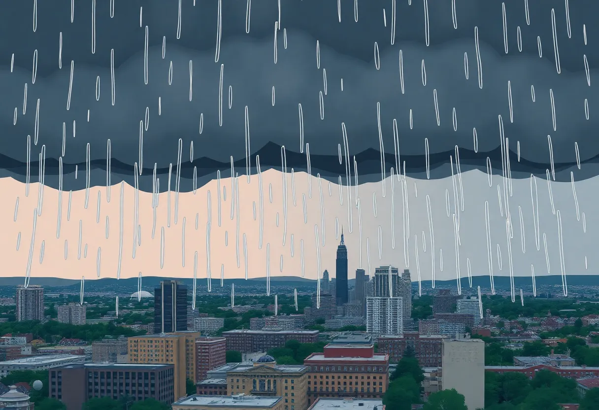 Ominous clouds and rain falling over a cityscape representing thunderstorms in Memphis.