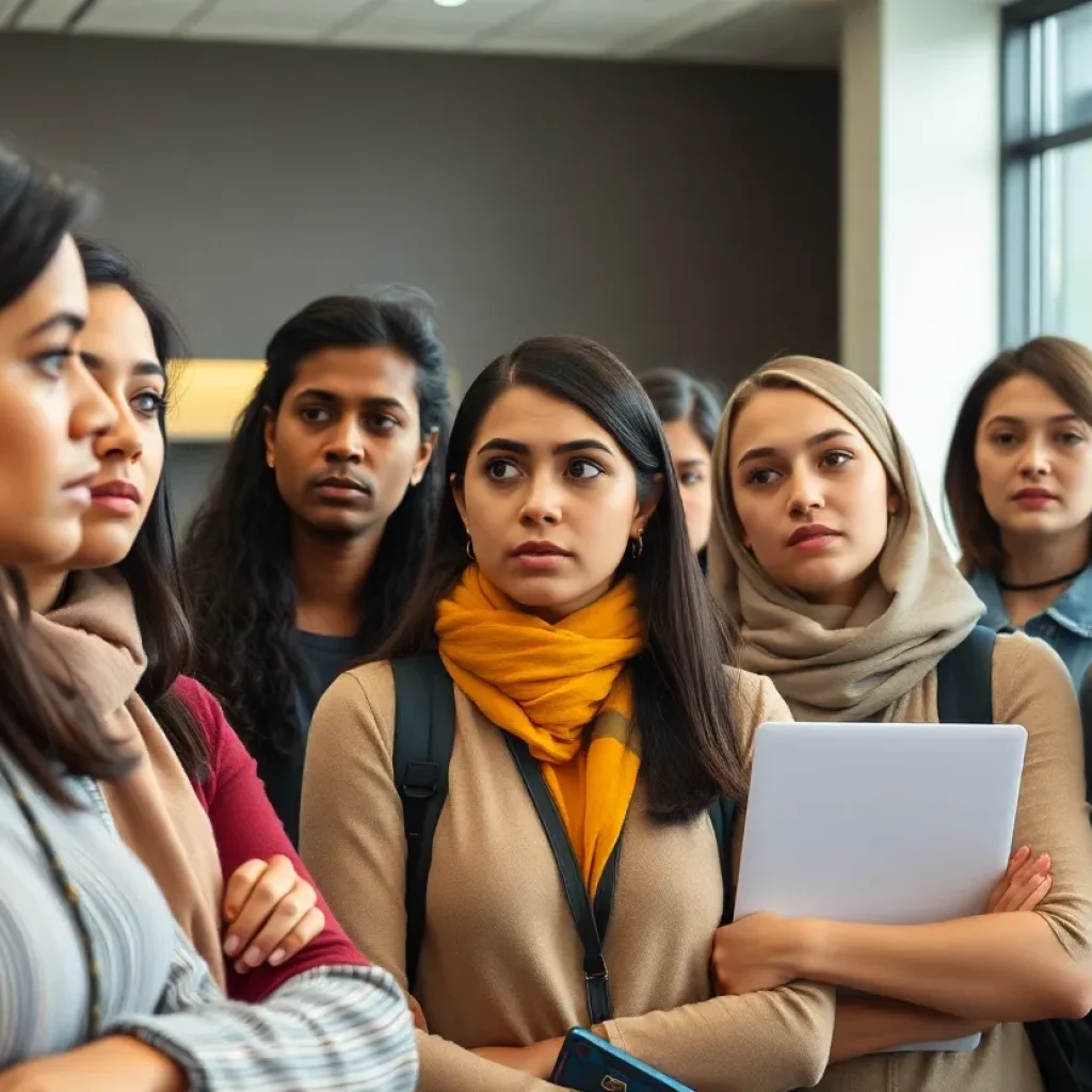 International students at UofM discussing concerns about visa status.