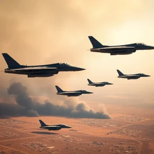 Military airstrike landscape showcasing jets and smoke over nuclear sites