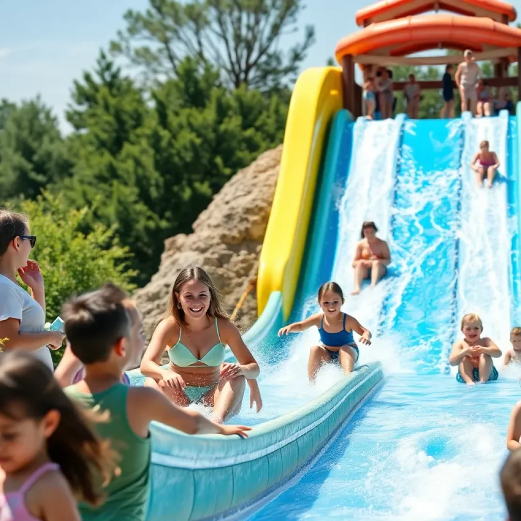 Families enjoying a water slide at Overton Park.