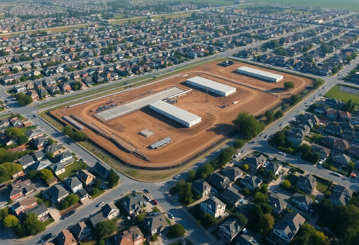 Construction site of xAI data center in Memphis with community members discussing in the foreground.