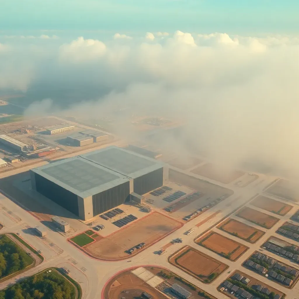 Aerial view of xAI's data center in Memphis with visible air pollution concerns.