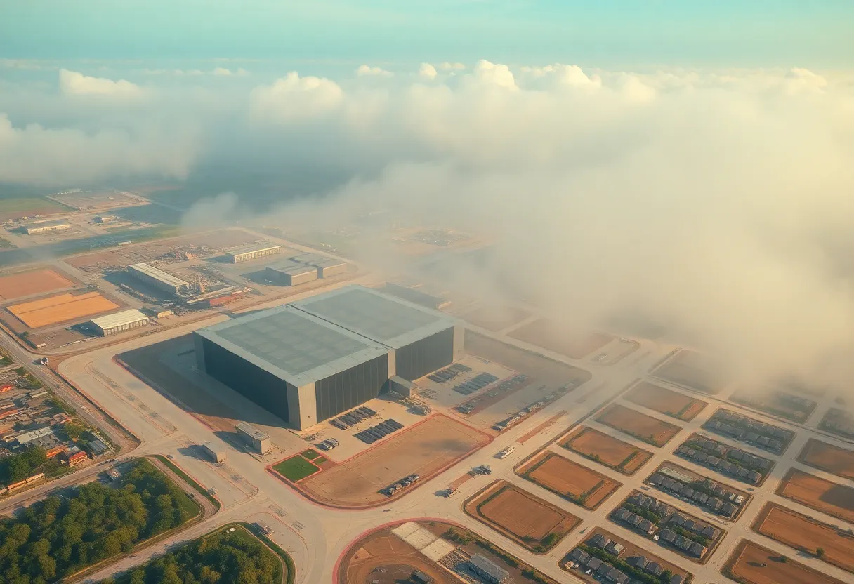 Aerial view of xAI's data center in Memphis with visible air pollution concerns.