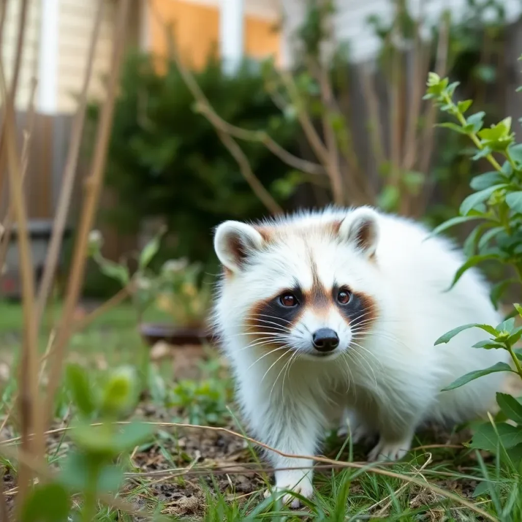 A rare albino raccoon in a suburban setting with white fur and pink eyes.