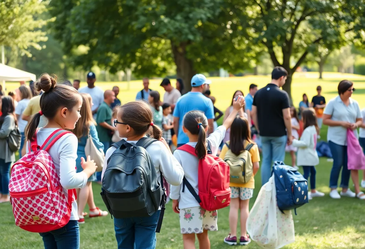 Families participating in the back-to-school backpack giveaway event with children carrying backpacks.
