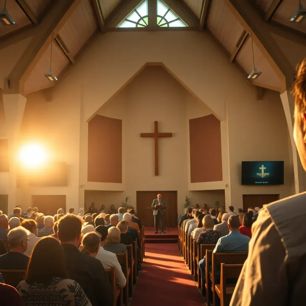 Interior view of Bellevue Baptist Church with congregation present