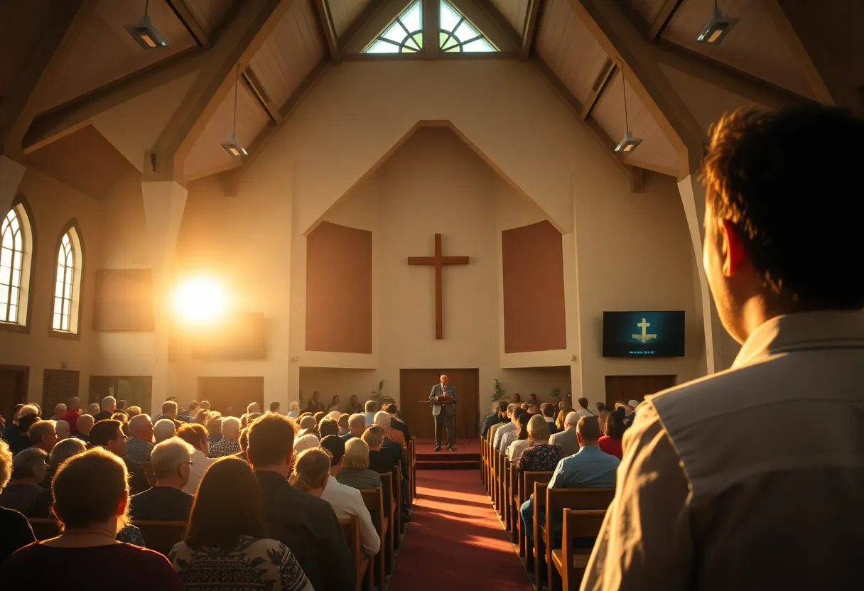 Interior view of Bellevue Baptist Church with congregation present