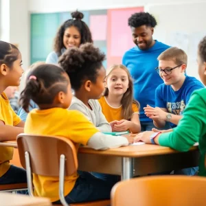 Students and teachers collaborating in a classroom