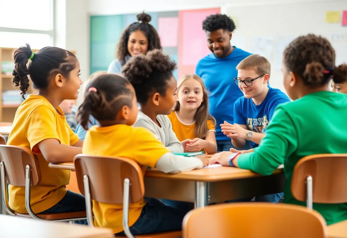 Students and teachers collaborating in a classroom